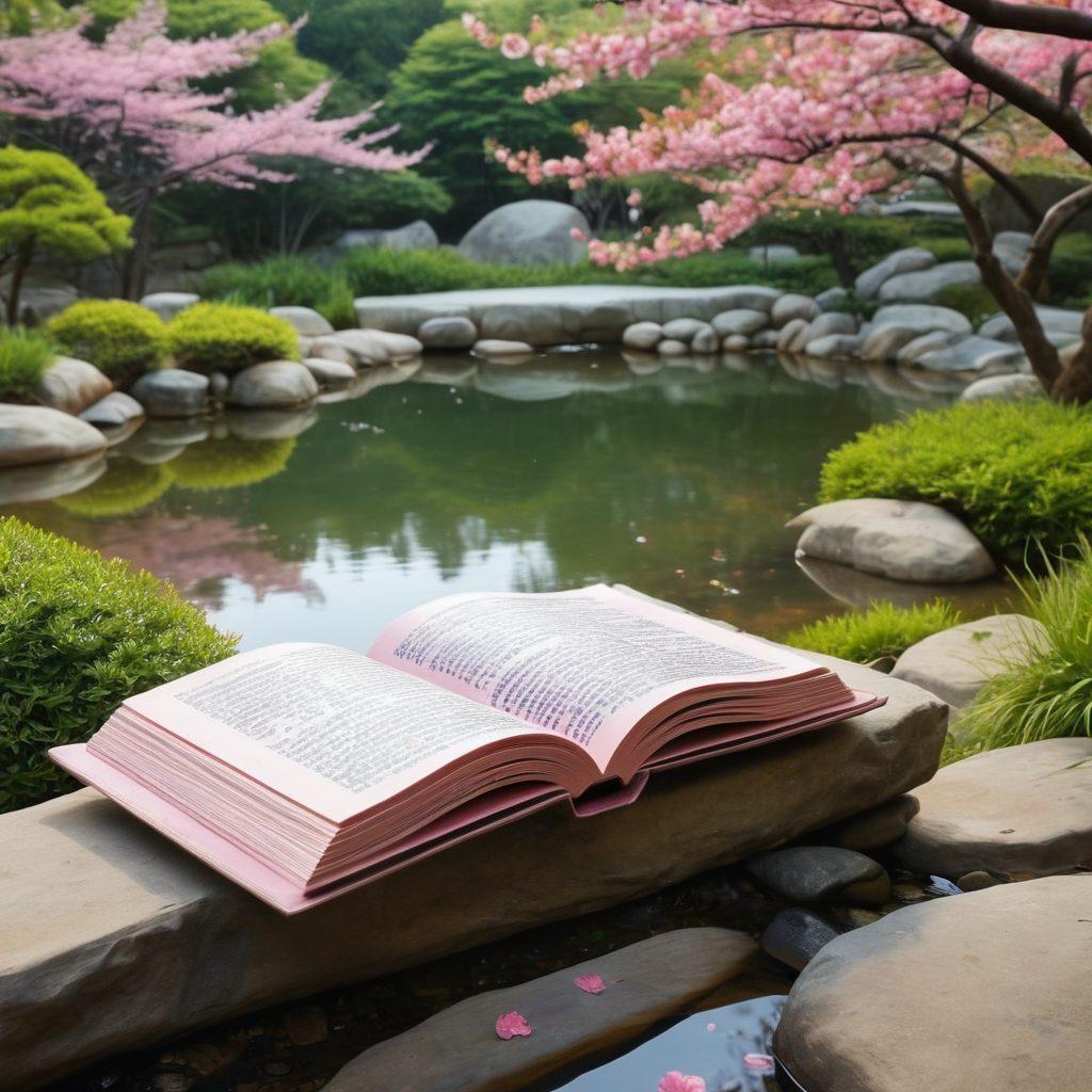A serene landscape depicting a calming South Korean traditional garden, with cherry blossoms in full bloom and a tranquil pond reflecting the surroundings. Include an open book resting on a stone bench, symbolizing insight and knowledge, with soft, soothing colors to evoke emotional wellbeing. Add subtle elements of abstract human figures representing diverse emotions gently blending into the scenery. super-realistic. vibrant colors. 3D.