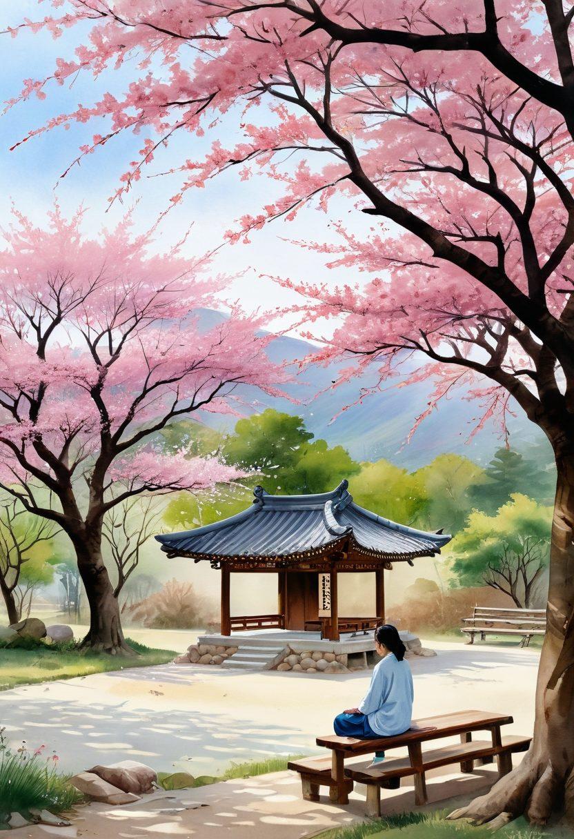 A serene South Korean landscape with a tranquil Hanok house nestled among cherry blossom trees, symbolizing emotional support and tranquility. Depict a group of diverse individuals engaged in various therapeutic activities, such as meditation, art therapy, and group discussions, all radiating a sense of connection and healing. Soft pastel colors to convey warmth and compassion. Capture elements of traditional Korean culture juxtaposed with modern therapeutic practices. watercolor painting. vibrant colors.