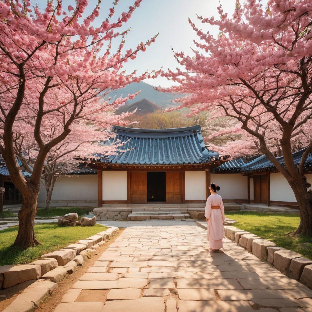 A serene Korean landscape featuring a traditional hanok house with vibrant cherry blossom trees, symbolizing tranquility and healing. In the foreground, a therapist and client engaged in deep conversation, highlighting the importance of cultural therapy. Soft sunlight filters through the trees, casting gentle shadows, with subtle Korean calligraphy art in the background representing mental health themes. super-realistic. vibrant colors. calming atmosphere.